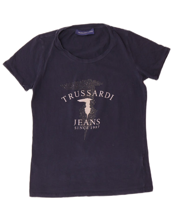 TRUSSARDI JEANS Damen Grafik-T-Shirt-Oberteil UK 12 Medium Marineblau