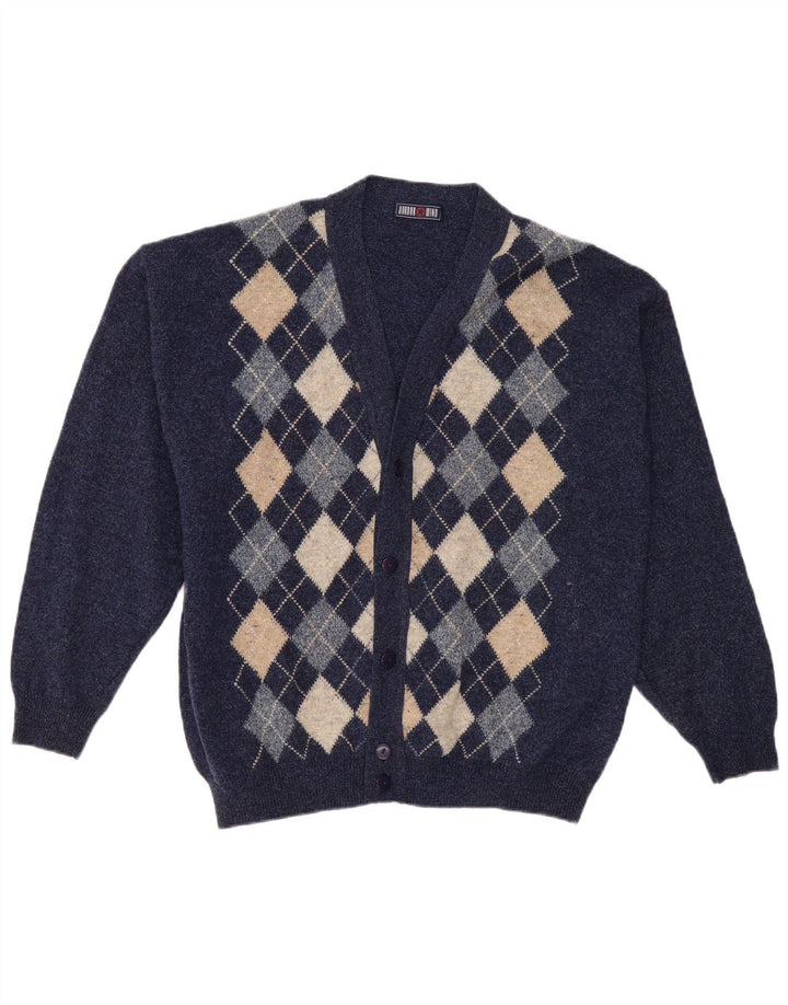 Vintage Herren Cardigan Pullover XL Marineblau Argyle/Diamond Wool