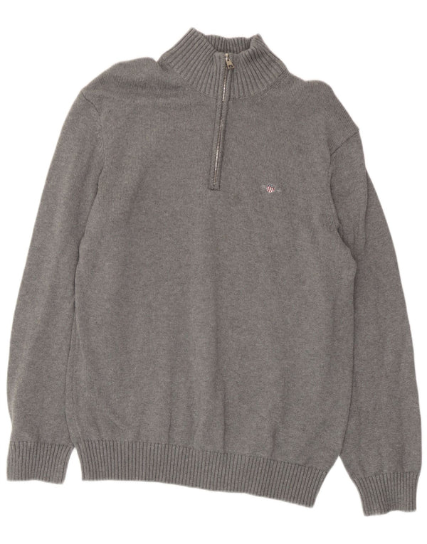 Gant Herren-Pullover mit Reißverschluss am Hals, groß, aus grauer Baumwolle