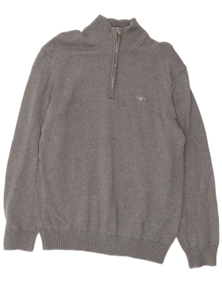 Gant Herren-Pullover mit Reißverschluss am Hals, groß, aus grauer Baumwolle