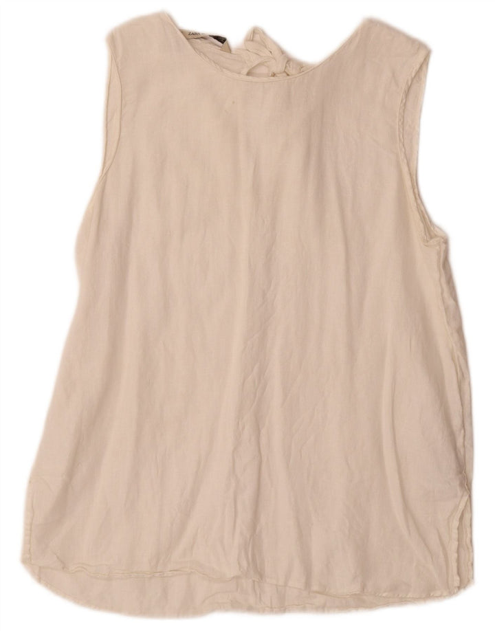 Ärmelloses Blusenoberteil für Damen von Zara, Gr. 44, groß, aus weißem Leinen