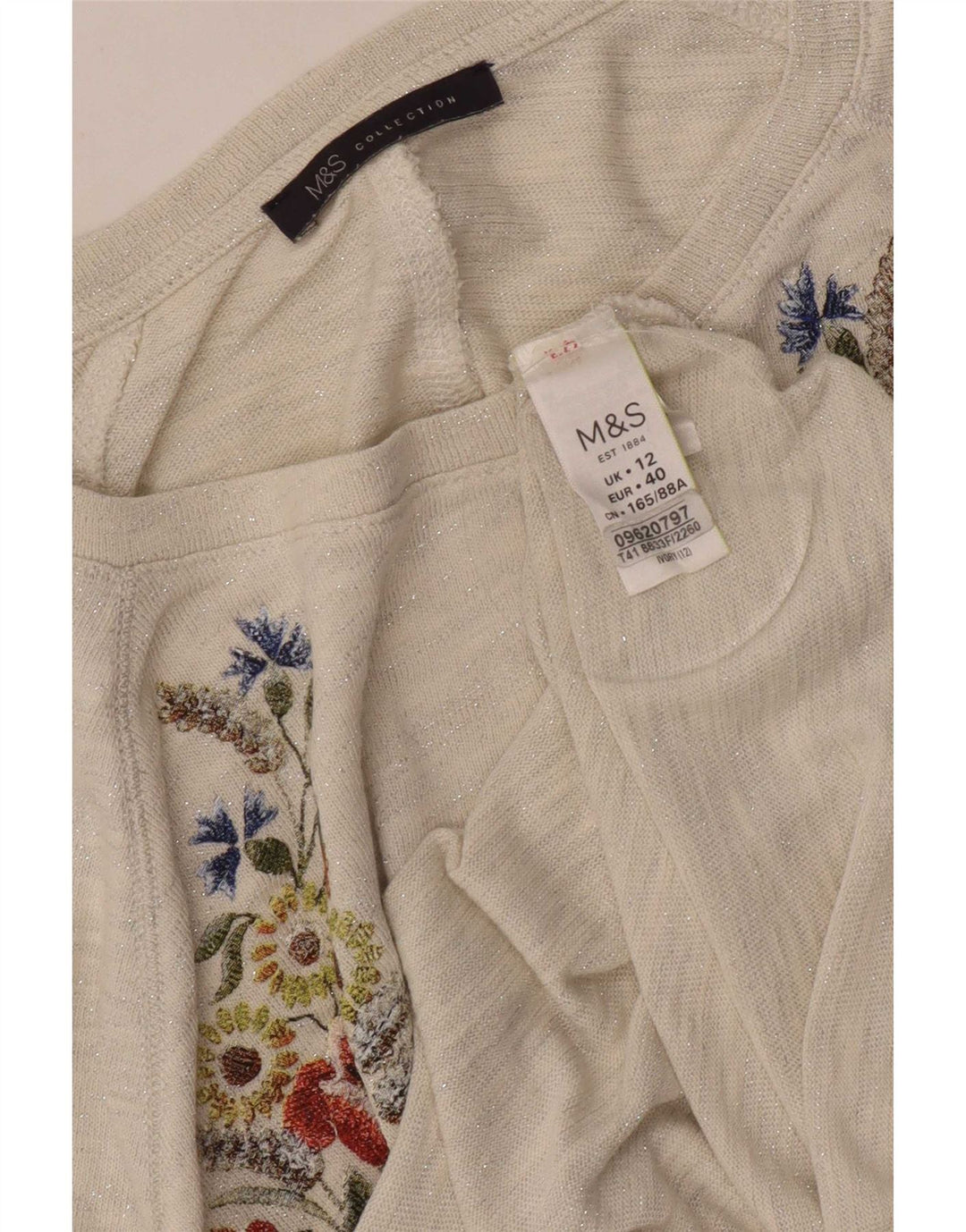 Marks & Spencer Damen-Top mit Grafik, 3/4-Ärmel, UK-Größe 12, Mittel, gebrochenes Weiß, Blumenmuster