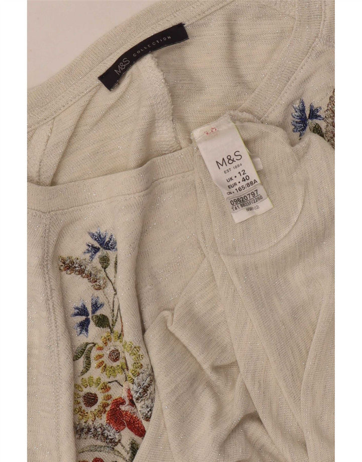 Marks & Spencer Damen-Top mit Grafik, 3/4-Ärmel, UK-Größe 12, Mittel, gebrochenes Weiß, Blumenmuster