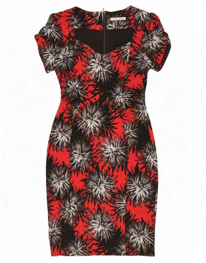 Marks & Spencer Damen Etuikleid UK 12 Mittelrotes, geblümtes Polyester
