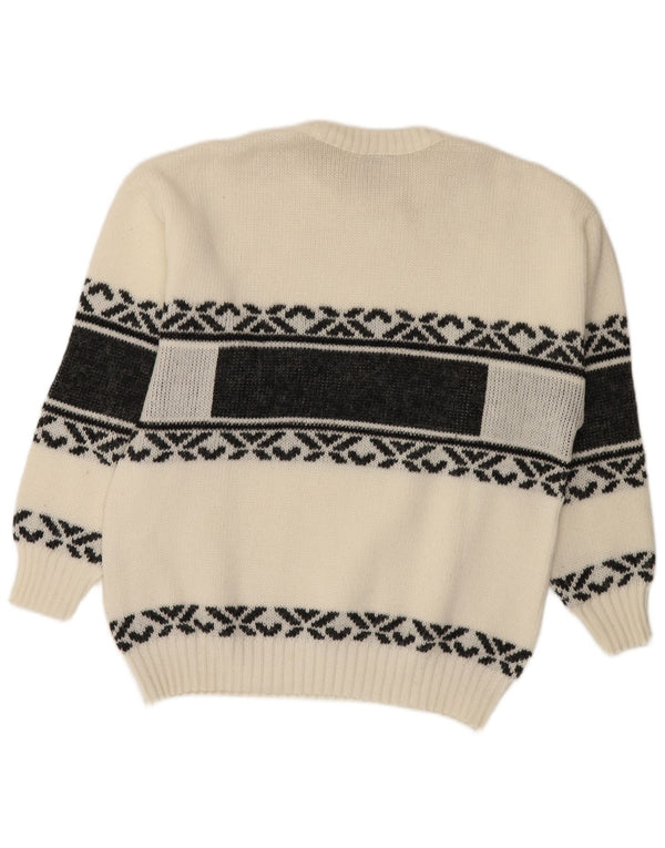 Vintage Mens Crew Neck Jumper Sweater Medium White Fair Isle