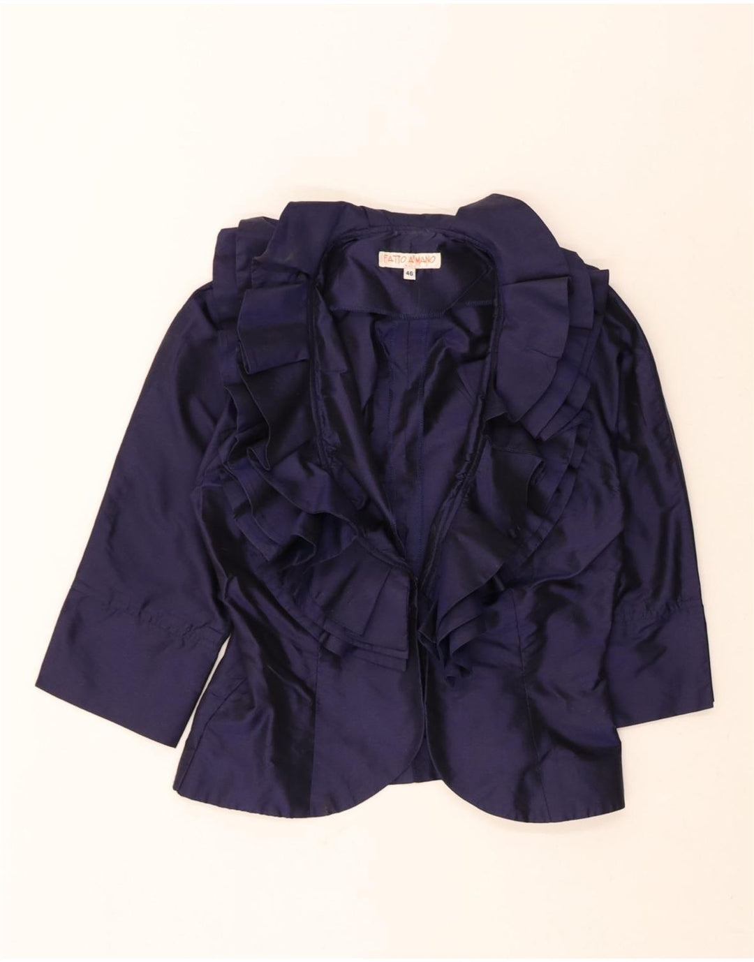 FATTO A MANO Womens Ruffle Front Cardigan Top IT 46 Large Navy Blue Vintage Fatto a Mano and Second-Hand Fatto a Mano from Messina Hembry 
