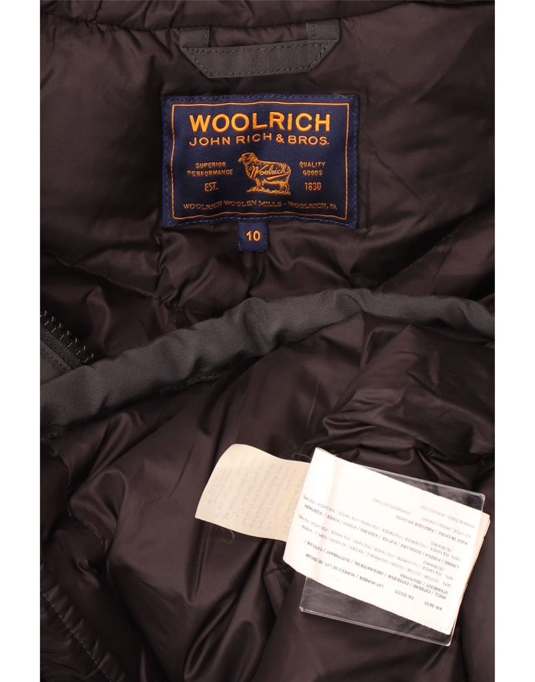 WOOLRICH Wattierter Jungenmantel mit Kapuze, 9–10 Jahre, schwarze Baumwolle