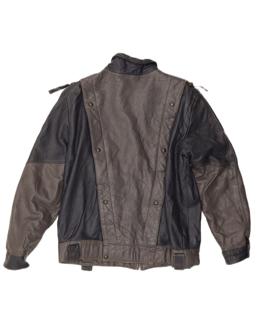 VINTAGE Damen Lederjacke UK 14 Mittelgrauer Farbblock