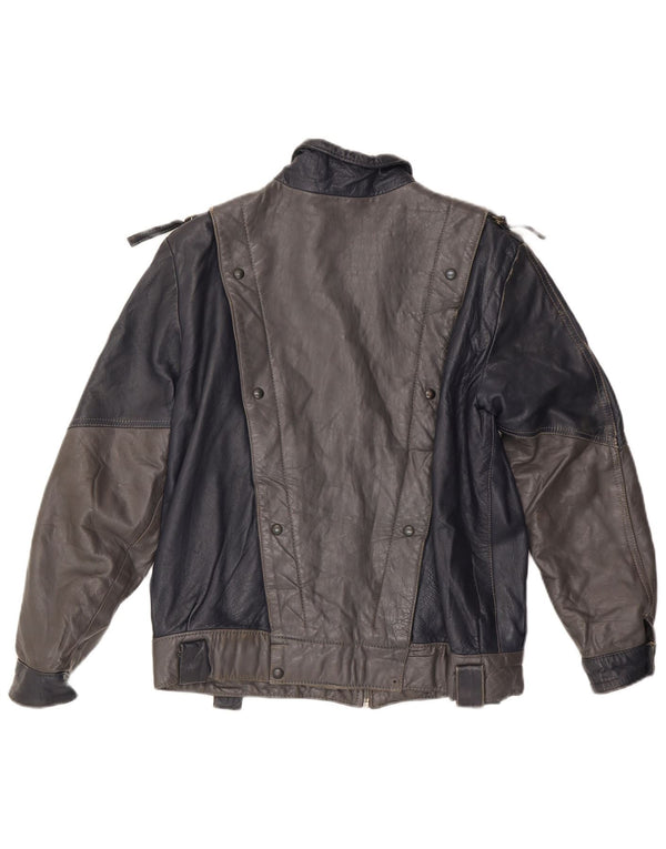 VINTAGE Damen Lederjacke UK 14 Mittelgrauer Farbblock