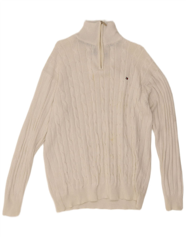 Tommy Hilfiger Herren-Pullover mit Reißverschluss am Hals, groß, aus weißer Baumwolle