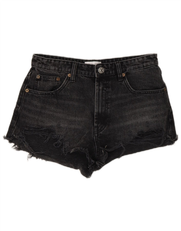 Zara Damen Distressed Denim Shorts EU 38 Small W28 Schwarze Baumwolle