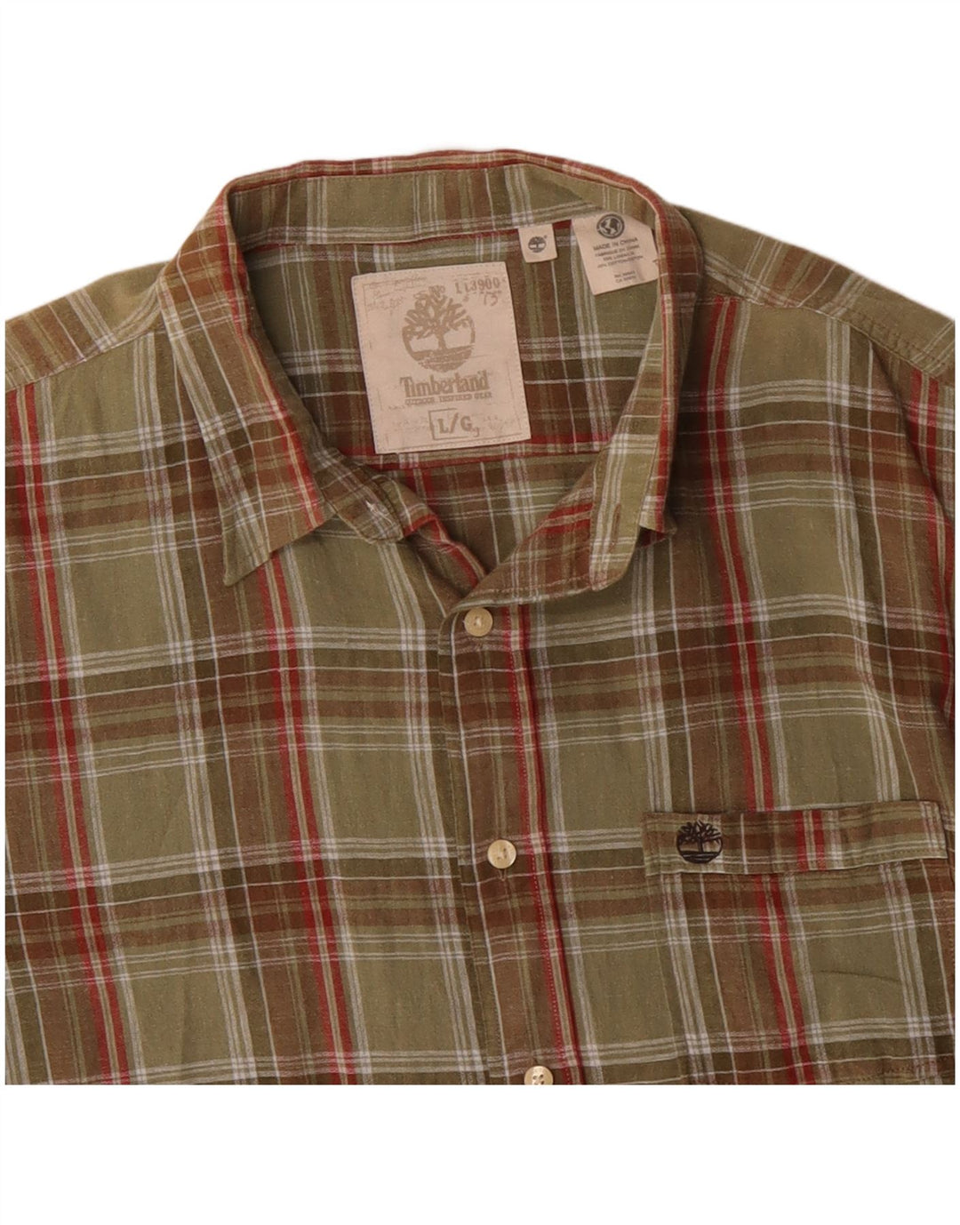 Timberland Herren-Kurzarmhemd, groß, Khaki, kariert, Baumwolle, klassisch