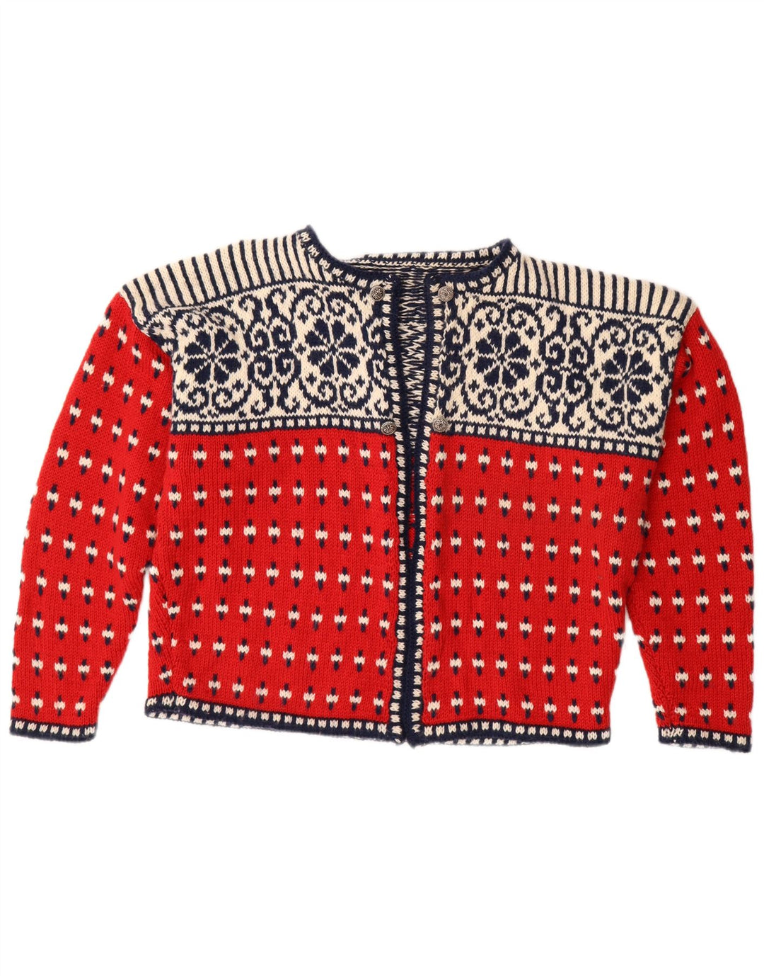 VINTAGE Offener Damen-Cardigan-Pullover UK 18 XL Rot Fair Isle