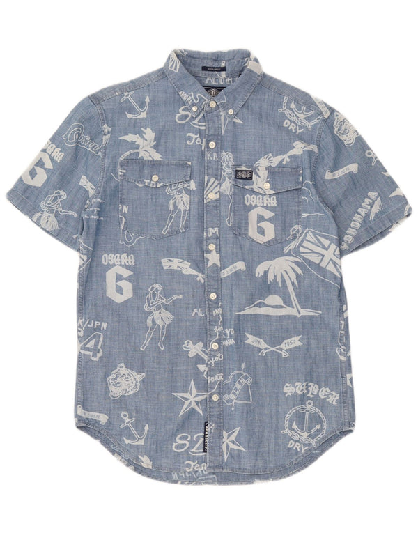 Superdry Herren-Kurzarmhemd mit normaler Passform, Grafik, Größe S, Blau, Baumwolle