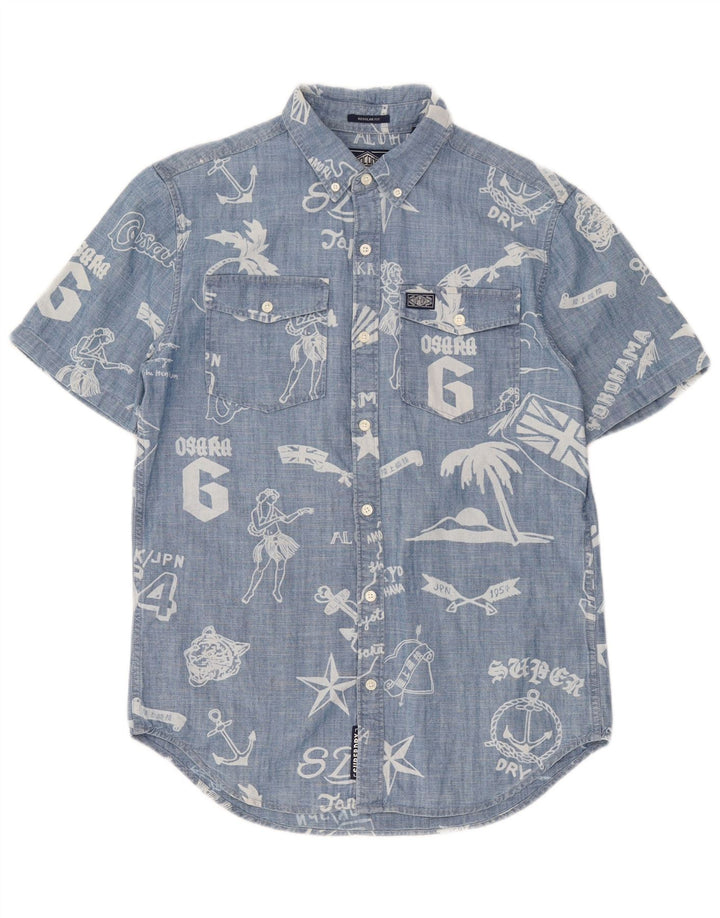 Superdry Herren-Kurzarmhemd mit normaler Passform, Grafik, Größe S, Blau, Baumwolle