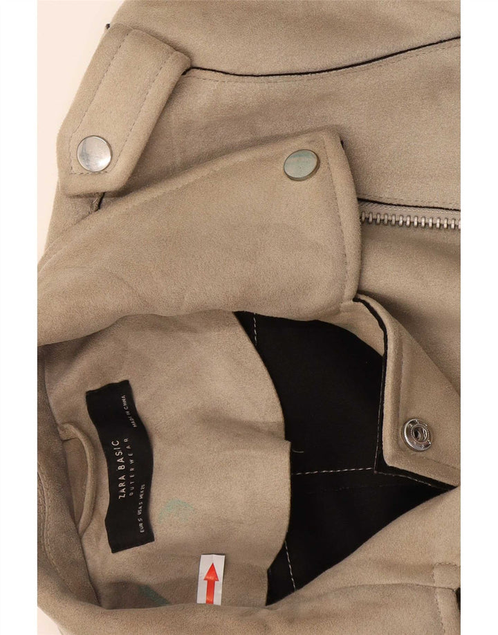 Zara Damen Crop Bikerjacke UK 10 Small Beige Polyester