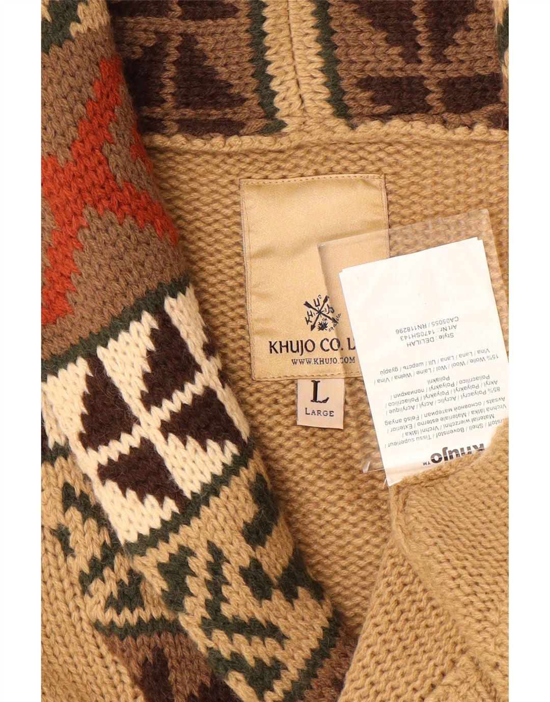 KHUJO Damen-Cardigan-Pullover UK 16 Large Beige Geometrisches Acryl
