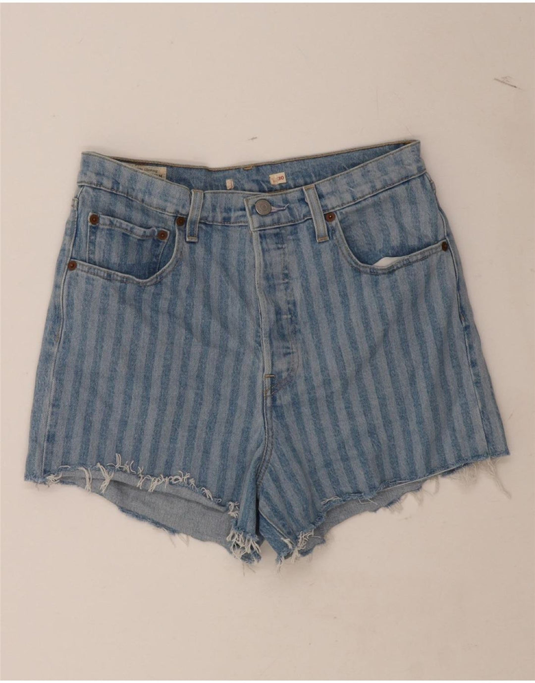 LEVI'S Womens High Waist Denim Shorts W30 Medium Blue Striped Cotton Vintage Levi's and Second-Hand Levi's from Messina Hembry 