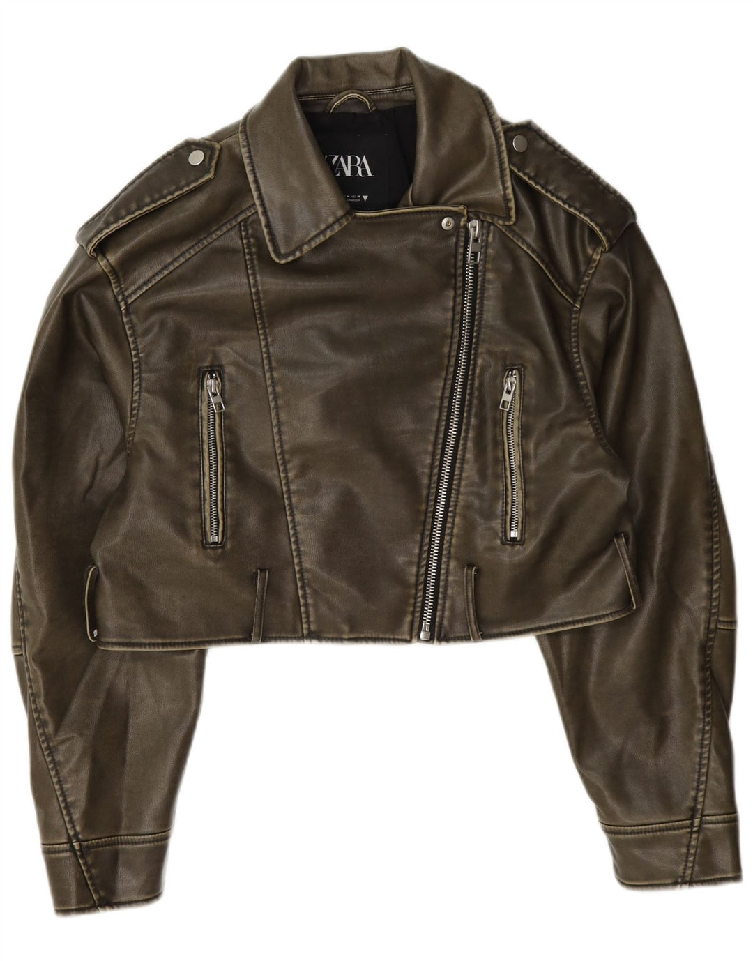 Zara Damen Crop Kunstleder Bikerjacke UK 14 Medium Khaki Polyester
