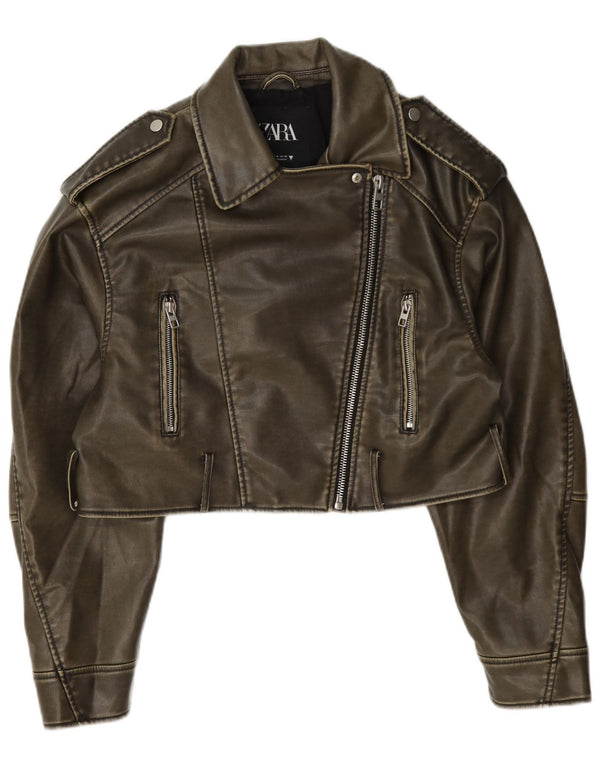 Zara Damen Crop Kunstleder Bikerjacke UK 14 Medium Khaki Polyester