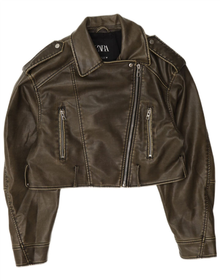 Zara Damen Crop Kunstleder Bikerjacke UK 14 Medium Khaki Polyester