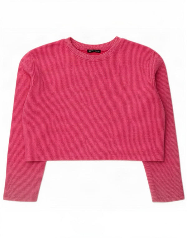 Zara Damen Crop Oversized Top Langarm UK 10 Small Rosa Baumwolle