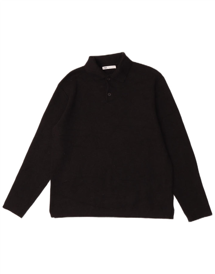 Zara Herren Langarm-Poloshirt, kleine schwarze Viskose