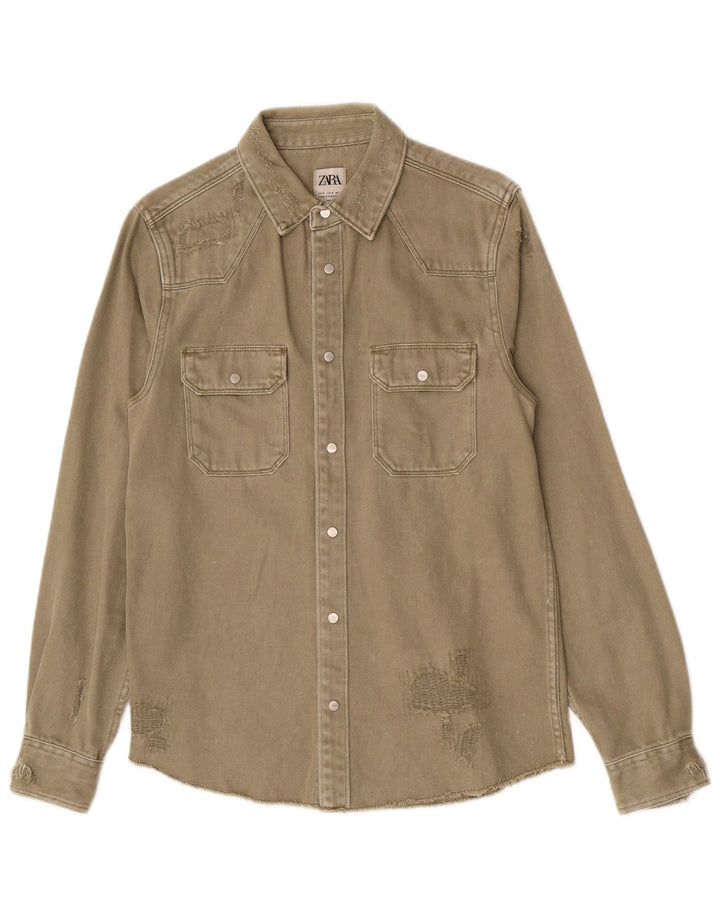 Zara Herren Jeanshemd im Used-Look, entspannte Passform, kleine Khaki-Baumwolle