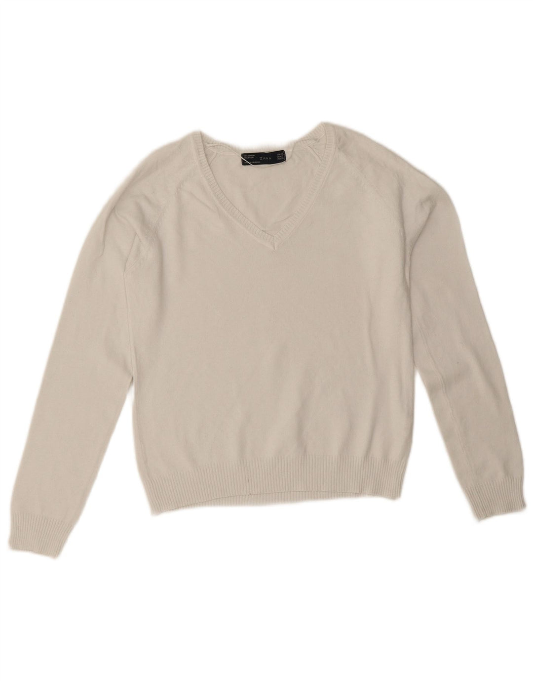 Zara Damen-Pullover mit V-Ausschnitt, UK 12, mittelweiße Baumwolle