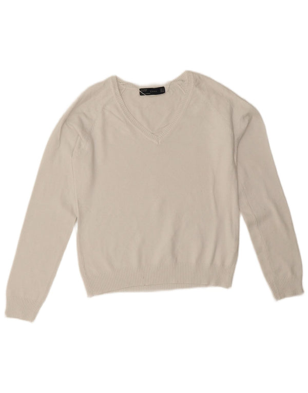 Zara Damen-Pullover mit V-Ausschnitt, UK 12, mittelweiße Baumwolle