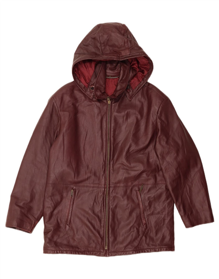 VINTAGE Damen Lederjacke mit Kapuze IT 48 XL Burgunderrotes Leder