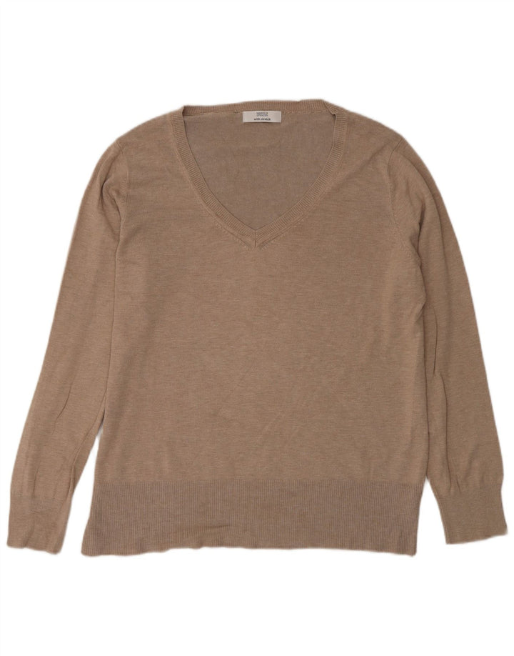 Marks & Spencer Damen-Pullover mit V-Ausschnitt, UK 14, Größe L, Beige, Viskose