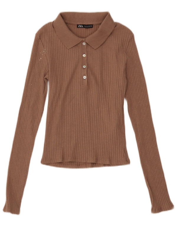 Zara Damen Crop Langarm-Poloshirt UK 8 Small Braun Baumwolle