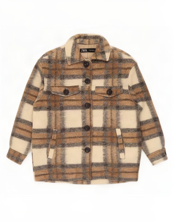 Übergroße Utility-Jacke für Damen von Zara, UK 14, Mittelbeige, kariertes Polyester