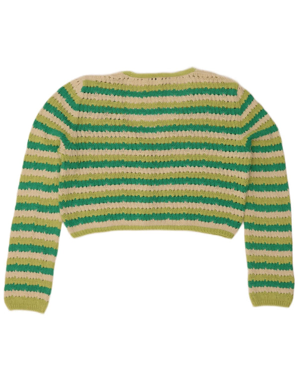 Zara Damen Crop Cardigan Pullover UK 16 Große grün gestreifte Baumwolle