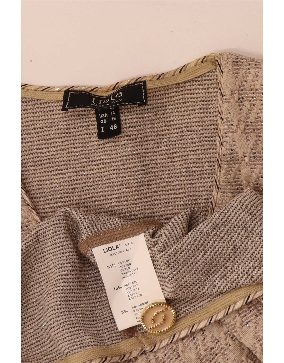 Liola Damen-Blazerjacke mit 3 Knöpfen und 3/4-Ärmeln, UK 16, Größe L, Beige, Baumwolle