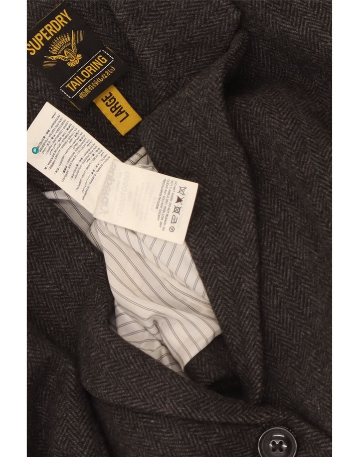 Superdry Damen-Blazer mit 2 Knöpfen, UK 14, Größe L, graue Wolle mit Fischgrätenmuster