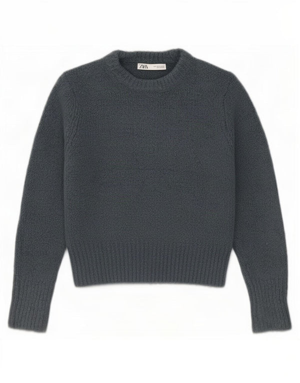 Zara Womens Crop Crew Neck Jumper Sweater UK 10 Small Blue Acrylic