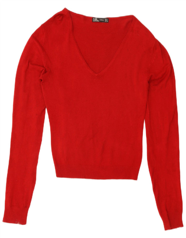 Zara Damen-Pullover mit V-Ausschnitt, UK 14, Größe L, roter Rayon