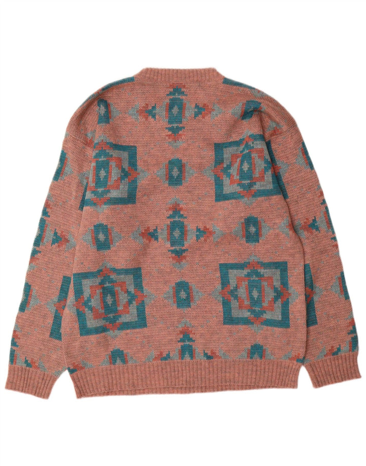 Vintage Herren Pullover mit Rundhalsausschnitt, groß, rosa, geometrisch