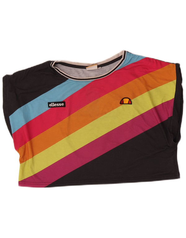 Ellesse Damen Crop Graphic T-Shirt Top UK 14 Medium Schwarz gestreift