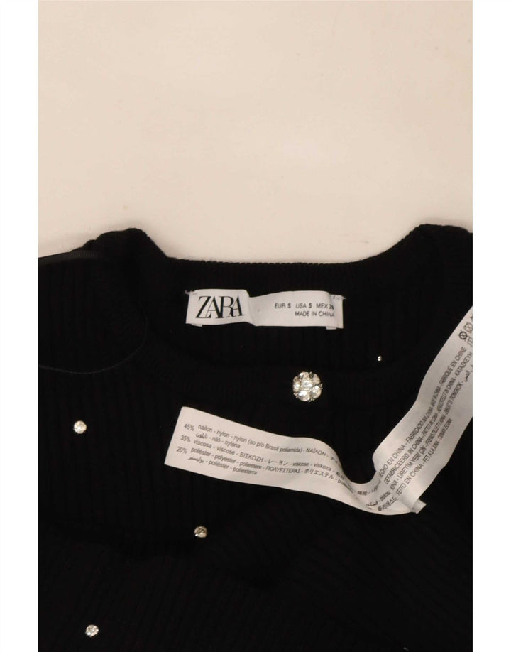 Zara Damen Crop Top UK 8 Small Schwarz geflecktes Nylon