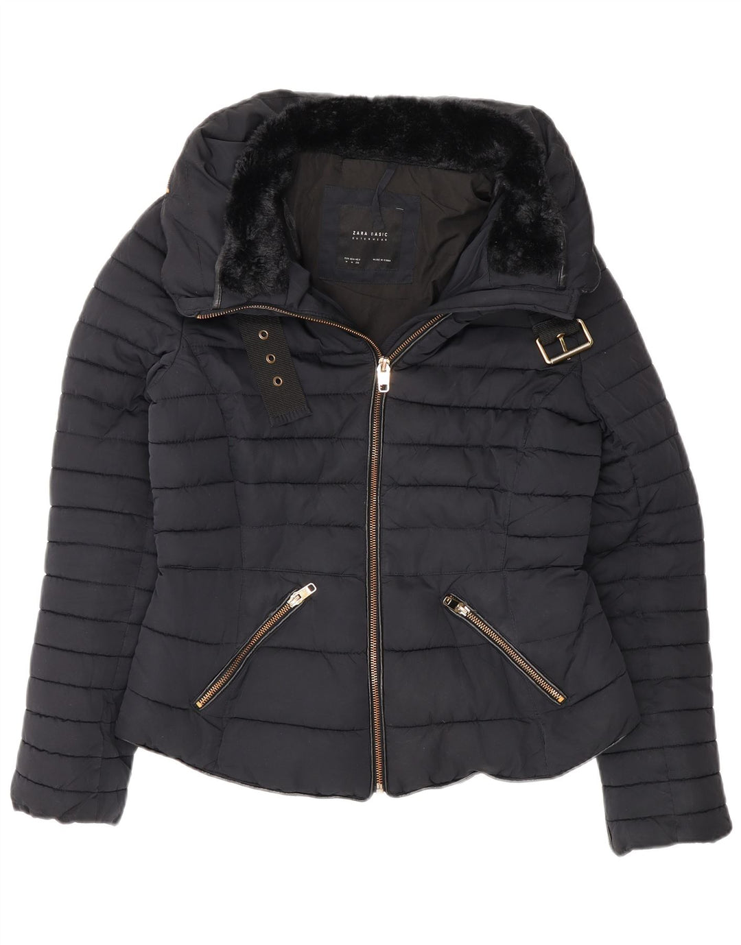 Zara Damen Wattierte Jacke UK 12 Medium Marineblau Polyester