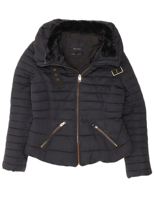 Zara Damen Wattierte Jacke UK 12 Medium Marineblau Polyester