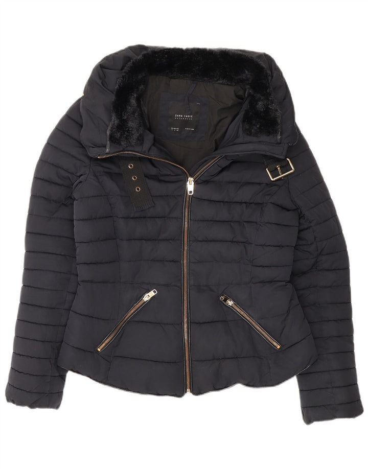 Zara Damen Wattierte Jacke UK 12 Medium Marineblau Polyester