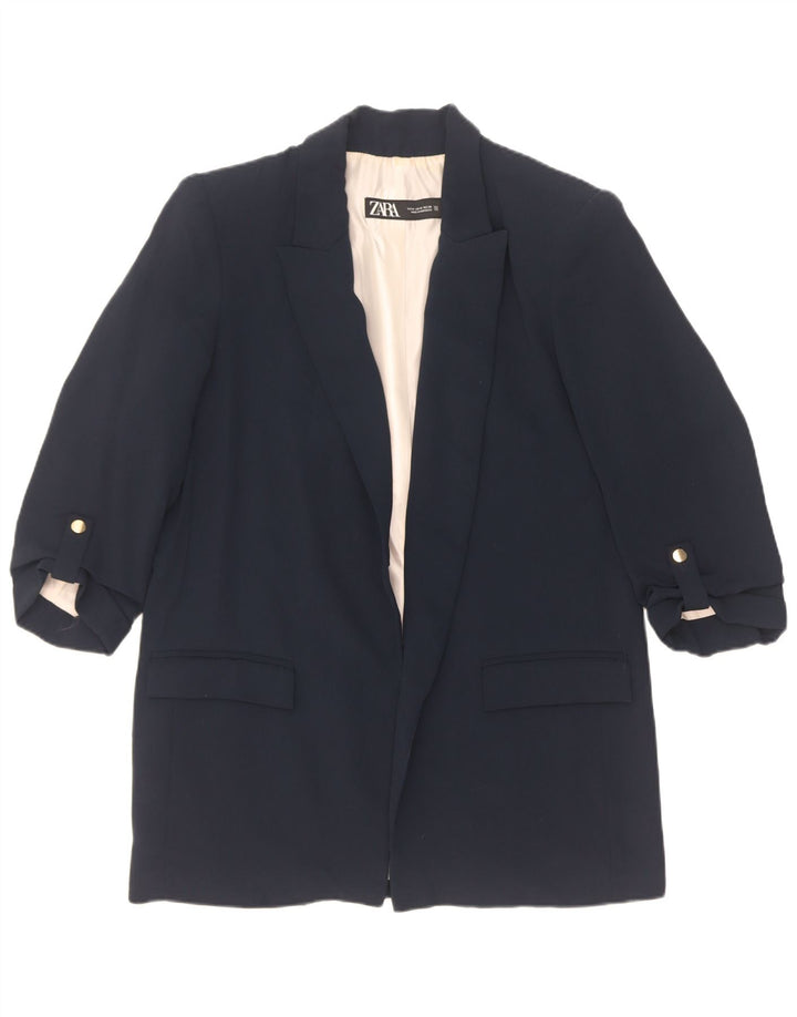 Zara Womens 3/4 Sleeve Open Blazer Jacket UK 14 Medium Navy Blue Polyester