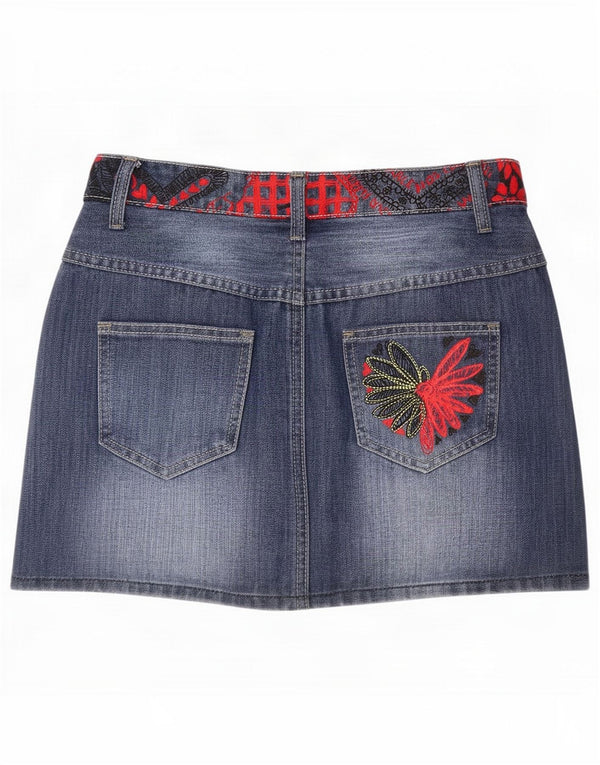 Desigual Damen Jeansrock EU 36 Small W27 Blue Floral Cotton