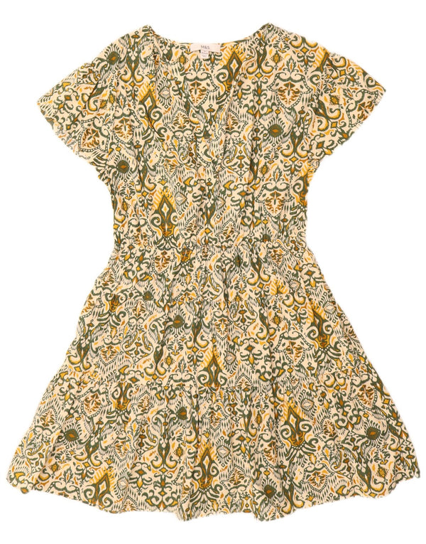 Marks & Spencer Damen Reguläres A-Linien-Kleid UK 12 Mittelgrüne Ikat-Baumwolle
