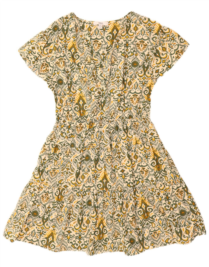 Marks & Spencer Damen Reguläres A-Linien-Kleid UK 12 Mittelgrüne Ikat-Baumwolle