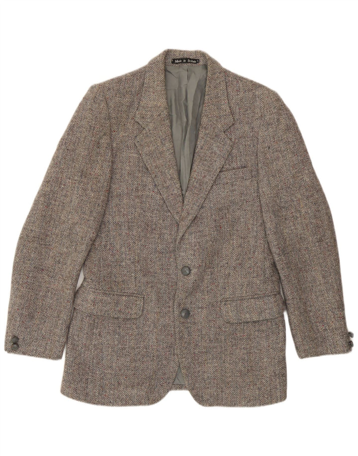 Harris Tweed Herren-Blazer mit 2 Knöpfen, UK 36, kleines graues Fischgrätenmuster